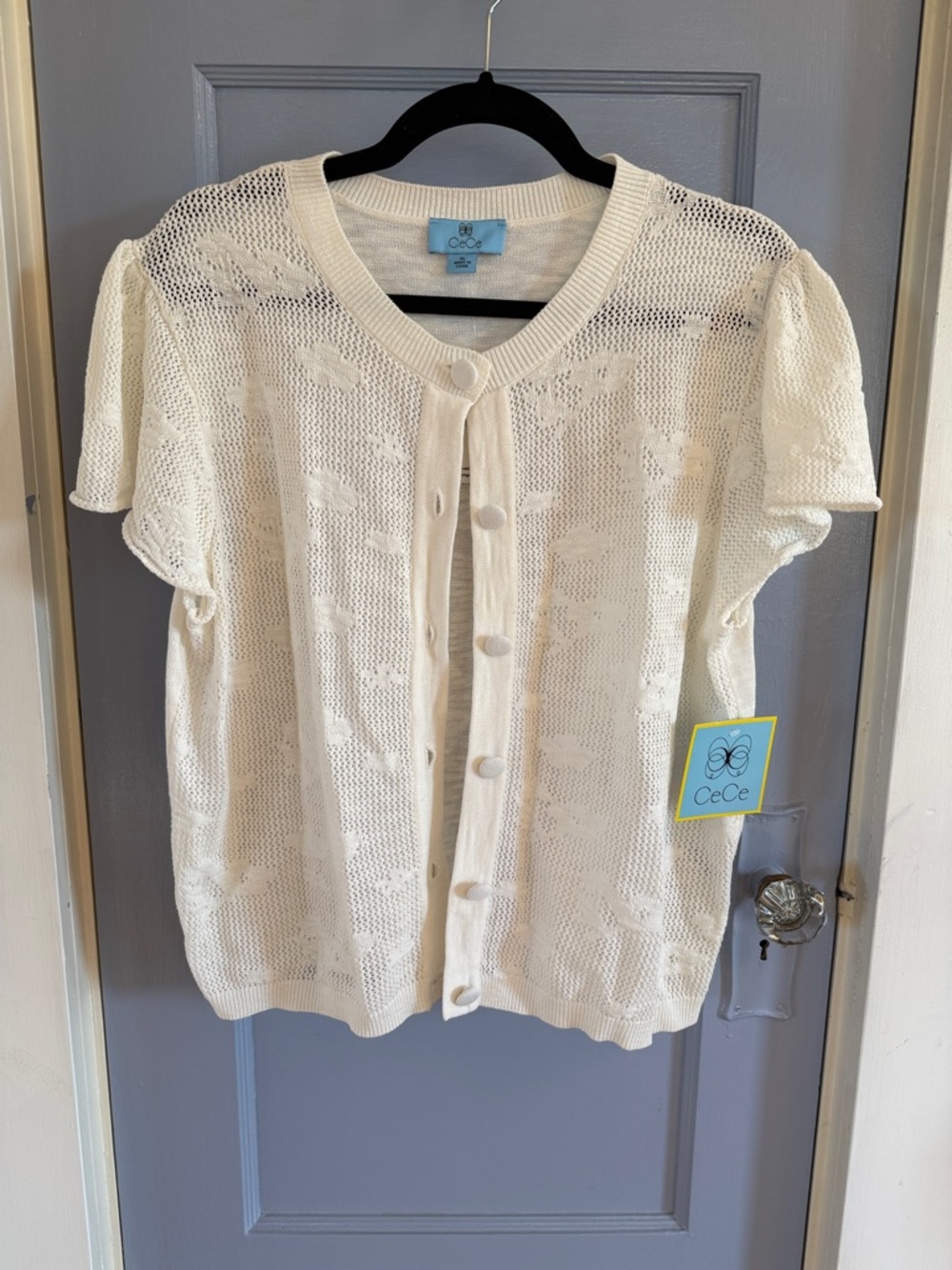 CeCe Cream Openwork Short Sleeve Button Cardigan